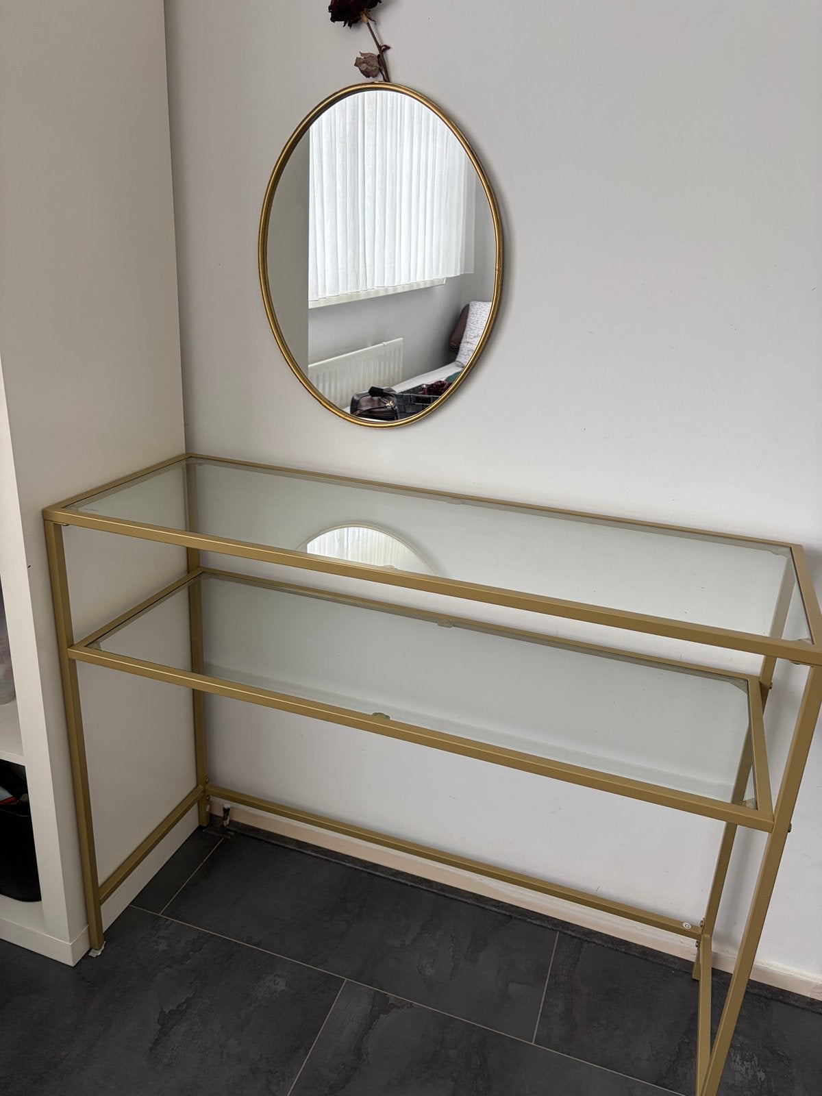 Make-up tafel met spiegel - Goudkleurig metaal en glas, Ophalen, 100 tot 150 cm, Minder dan 100 cm, Glas