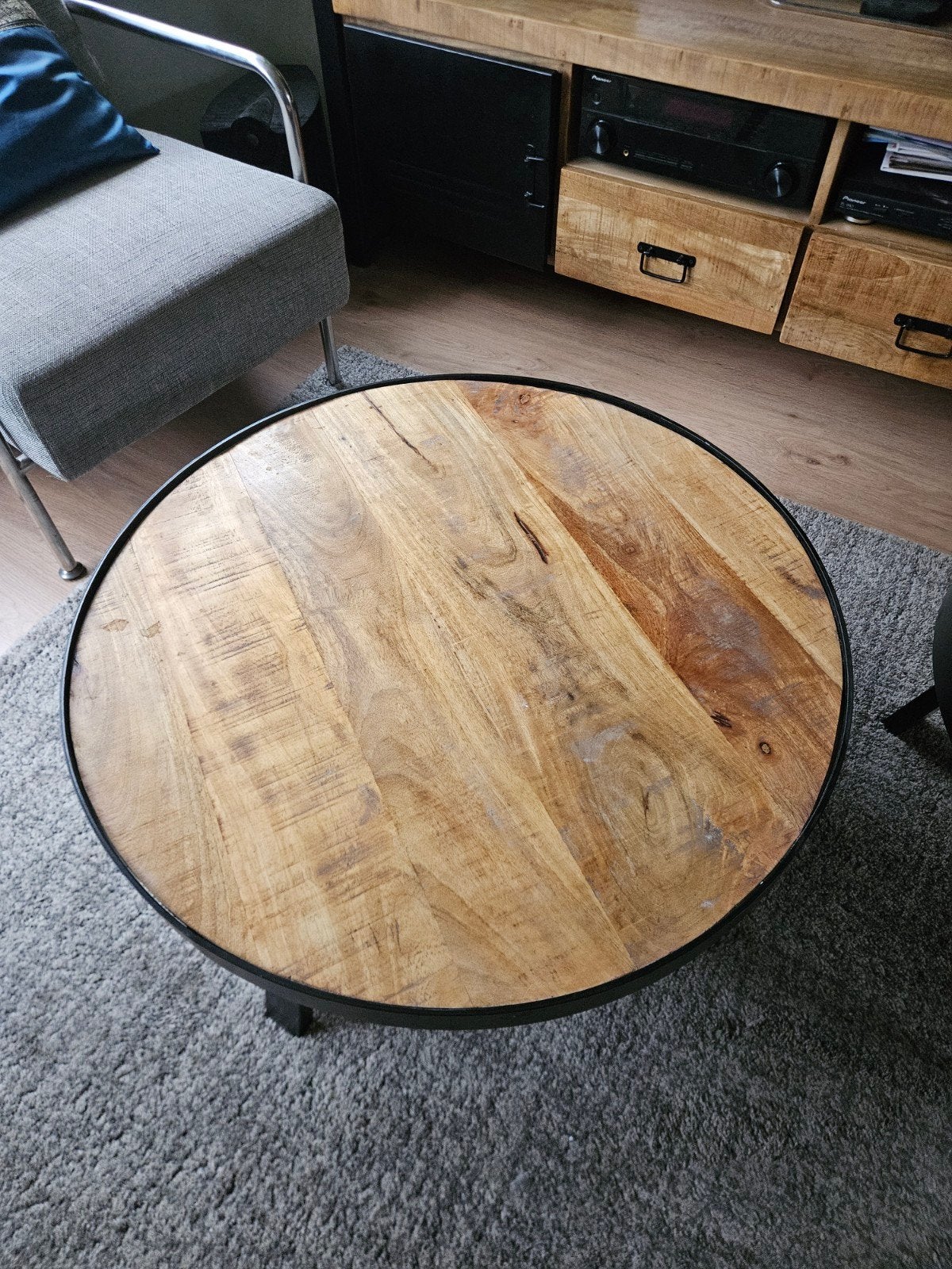 Mango houten ronde salontafel, Overige houtsoorten, Gebruikt, 50 tot 100 cm, Rond