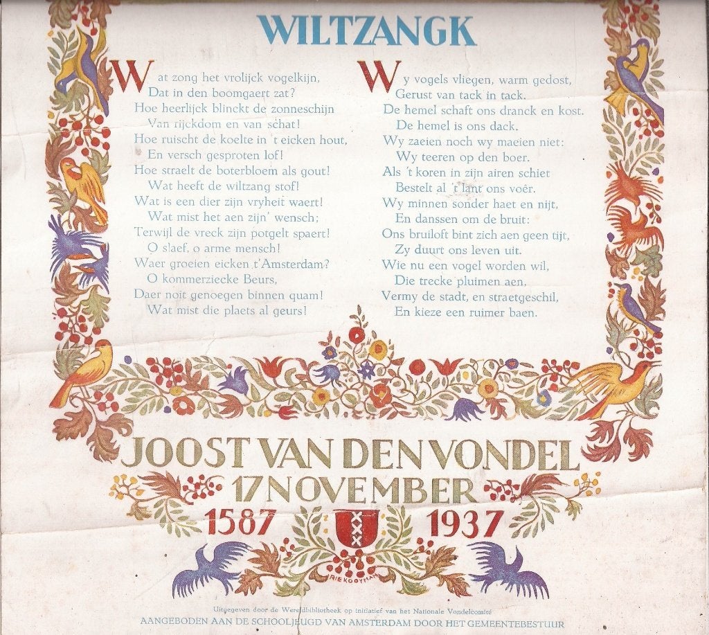 Rijmprent 'Wiltzangk' Vondelherdenking 1587-1937, Antiek en Kunst, Ophalen of Verzenden, Blanco verso, Lithografie, 1900 - 1949