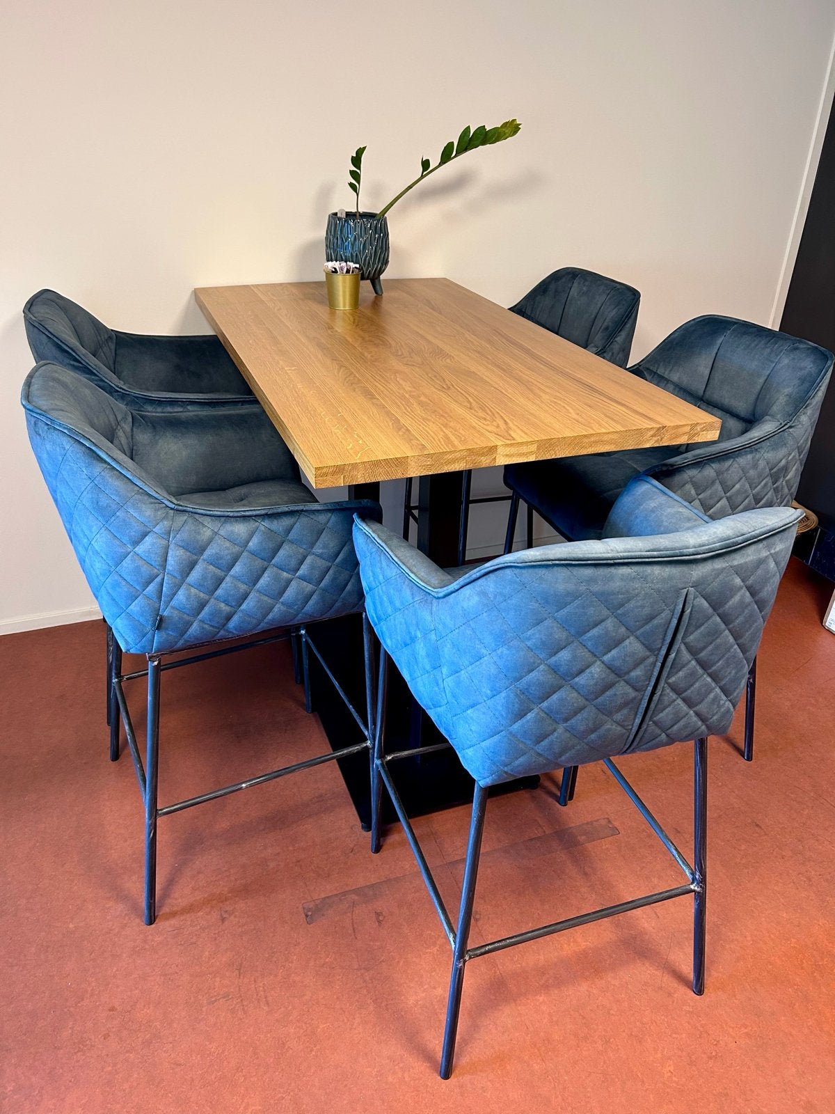 Hoge tafel met 6 gestoffeerde stoelen, Ophalen, Gebruikt, Blauw, Vijf, Zes of meer stoelen