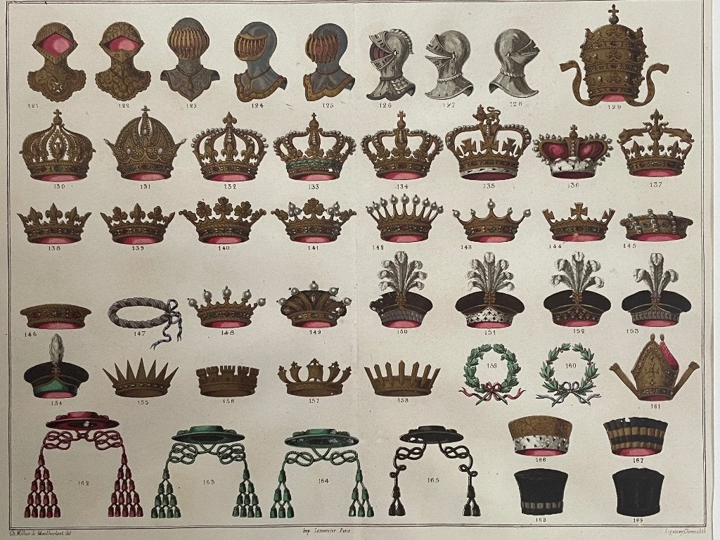 UNIEK 1865 Kronen, hoeden, hoofdeksels - OUD - P0625-001, Ophalen of Verzenden, Ets, 1800 - 1899
