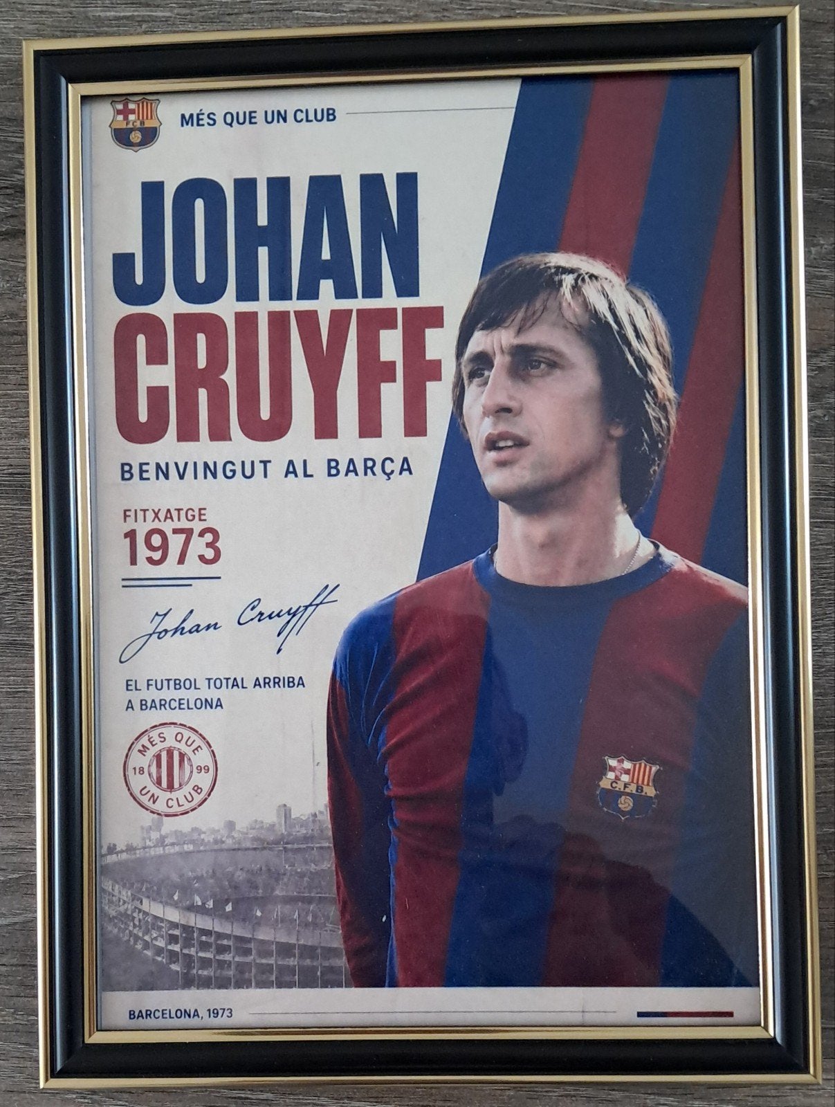 Ingelijste Johan Cruyff poster FC Barcelona 1973, Ophalen of Verzenden, Zo goed als nieuw, Buitenlandse clubs, Poster, Plaatje of Sticker