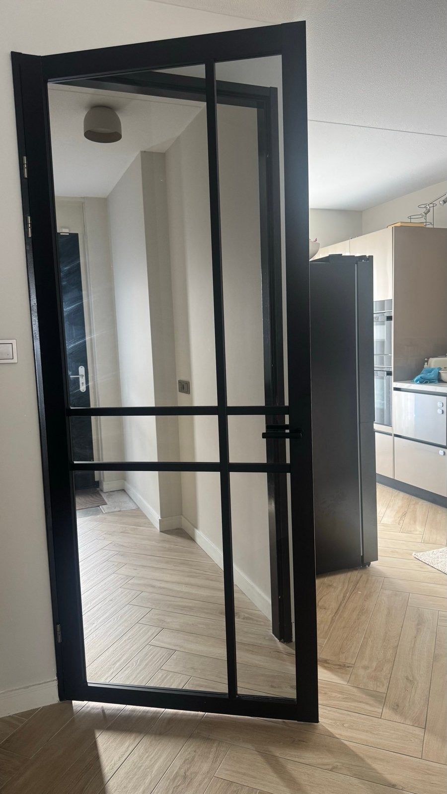 Zwarte houten (staallook) binnendeur met glas, Ophalen, Glas, 80 tot 100 cm, 215 cm of meer