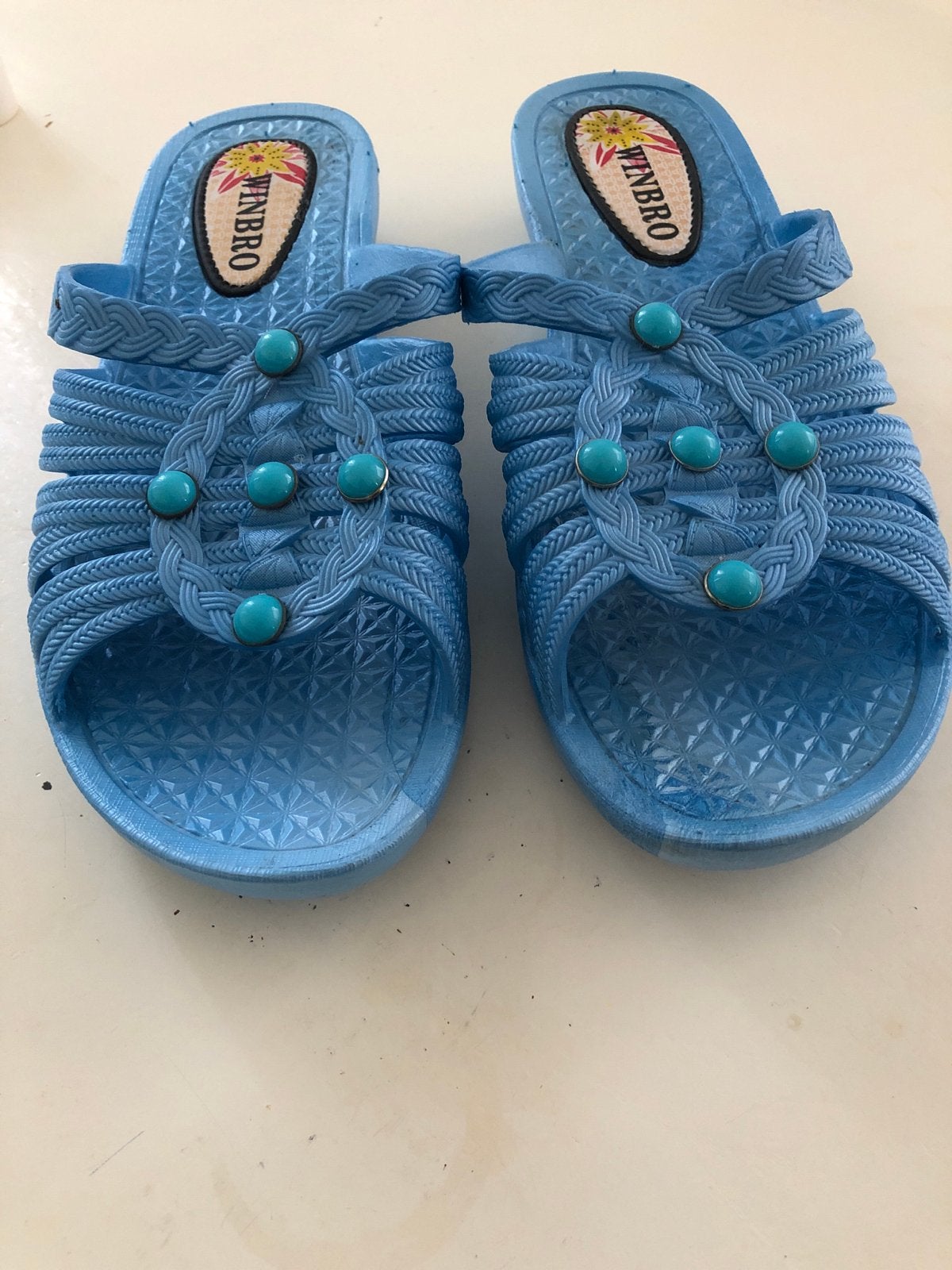Blauwe Winbro slippers met decoratieve kralen, Ophalen, Gedragen, Blauw, Slippers