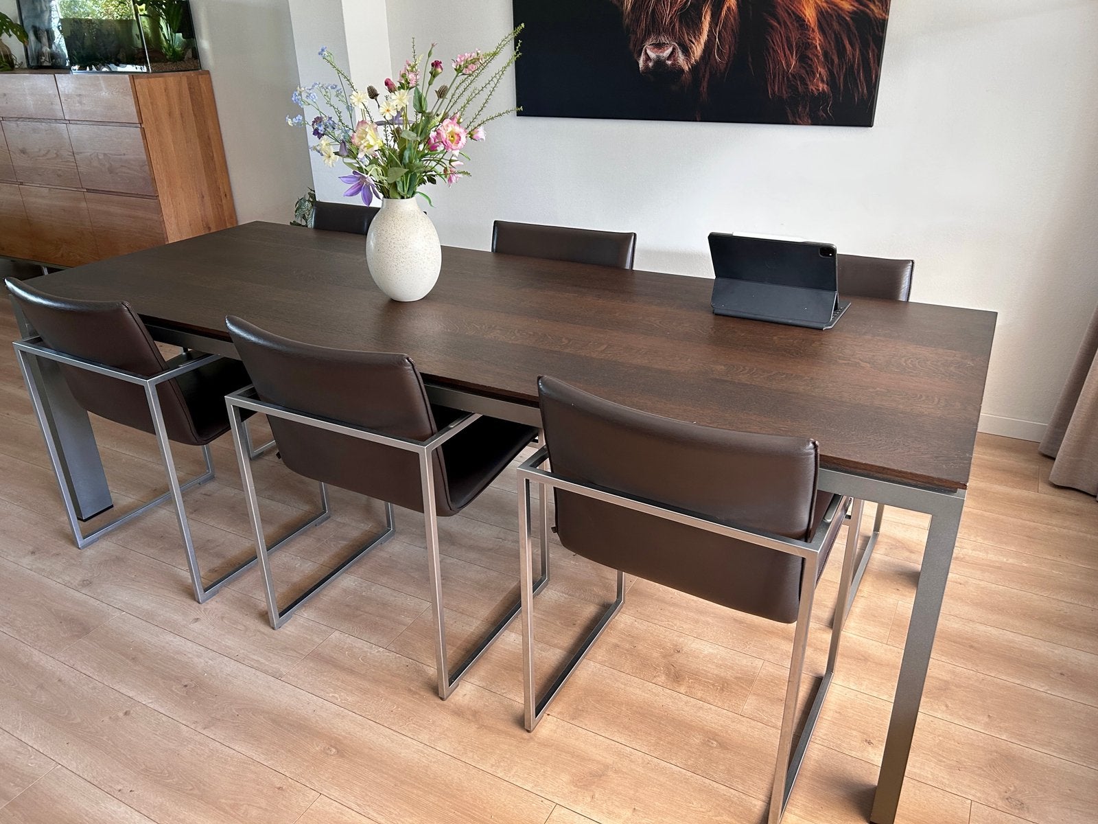 Eetkamer set 6x Arco frame XL stoelen en tafel Arco Graphic, Huis en Inrichting, Ophalen, Gebruikt, Eikenhout, 200 cm of meer