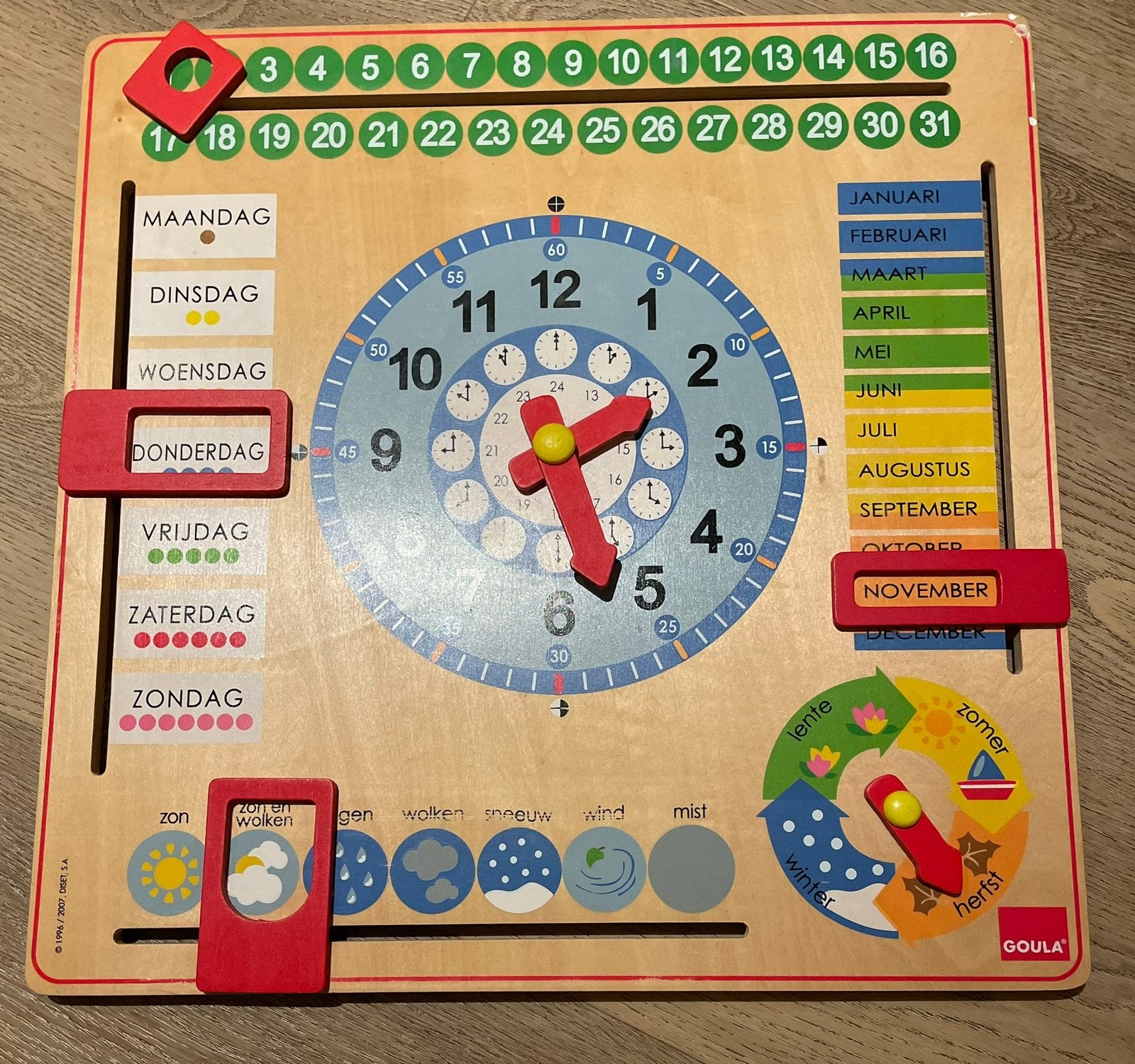 Educatief houten bord: klok, seizoenen, maanden, dagen, Ophalen of Verzenden, Zo goed als nieuw