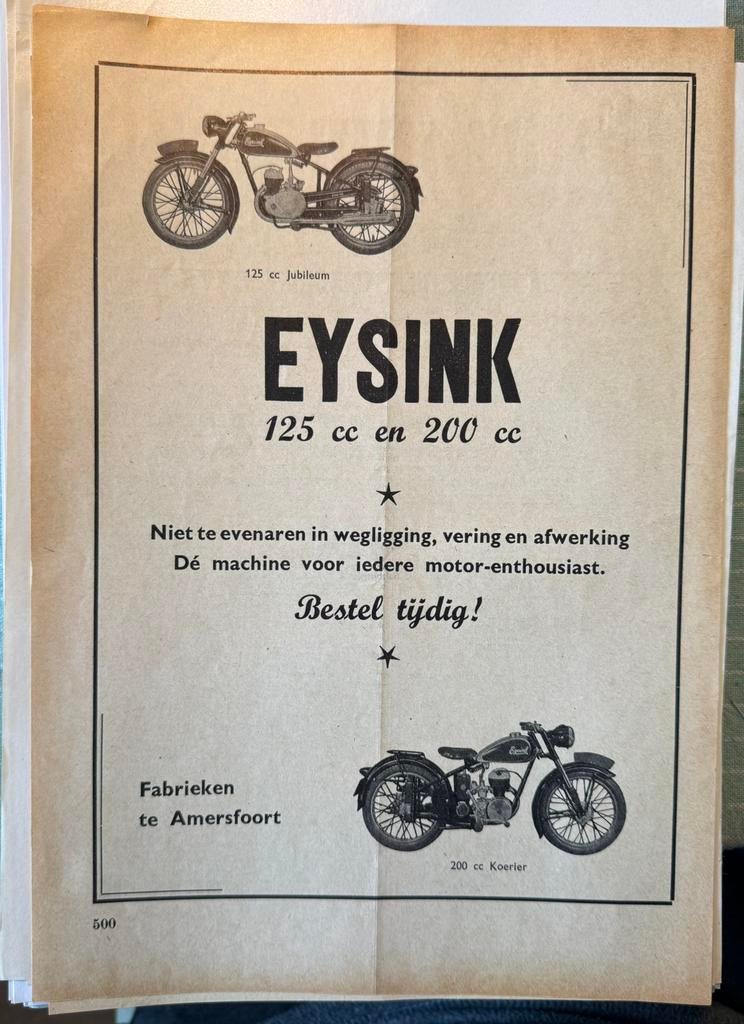 Advertentie Eysink Jubileum 125 cc en Koerier 200 cc, Verzamelen, Verzenden, Zo goed als nieuw, Motoren