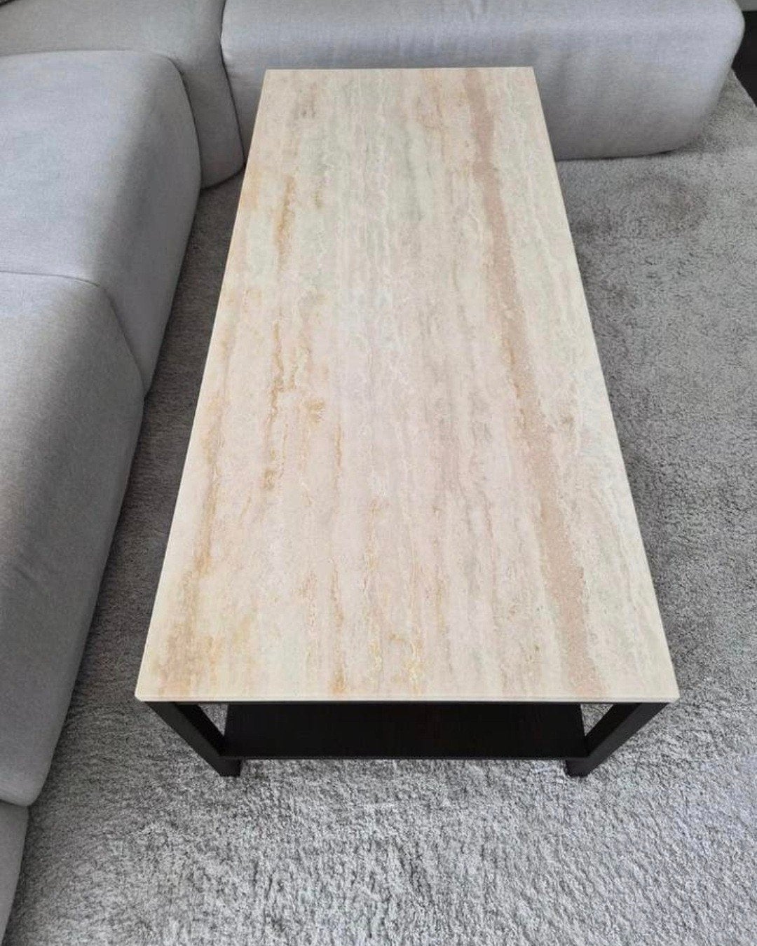 Salontafel met origineel travertin blad, Ophalen, Overige materialen, 100 tot 150 cm, 50 tot 100 cm