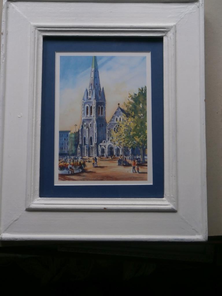Mooie gekl. prent van een Engelse kerk, Gebruikt, Ophalen of Verzenden, Voor 1940, Prent