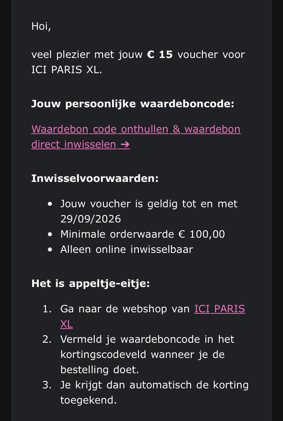 ICI paris kortingsvoucher 15 euro, Eén persoon