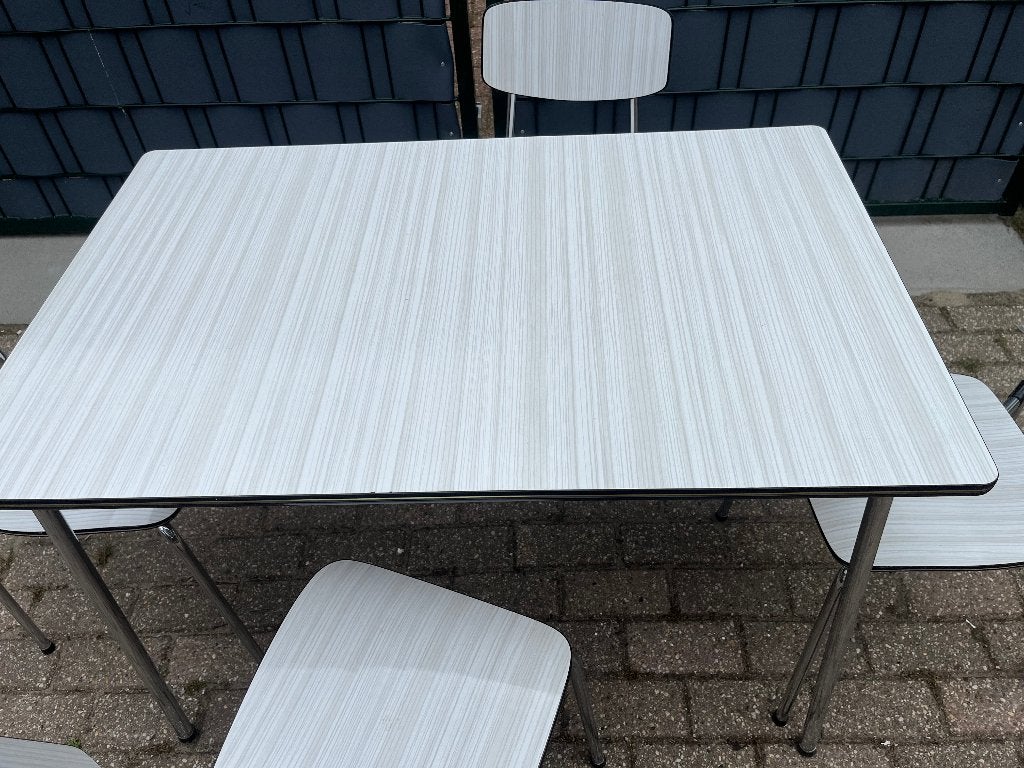 Tafel met 4 stoelen Formica en chromen poten, jaren 60, Ophalen, Overige materialen, Gebruikt, 100 tot 150 cm