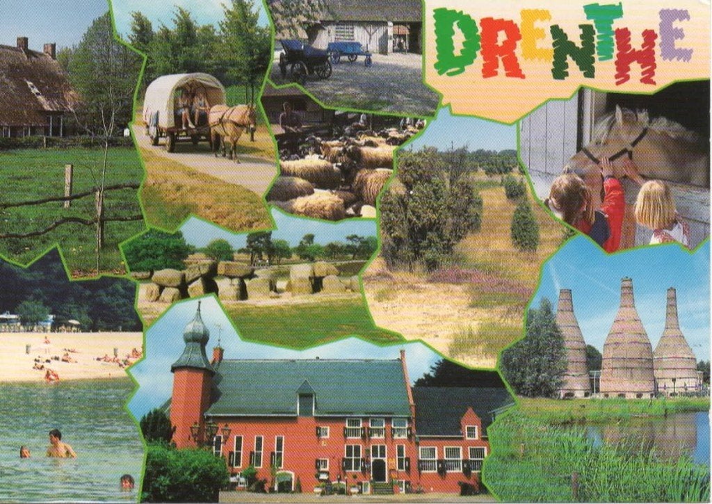 Ansichtkaart Drenthe, veel-luik, hunebed, huifkar, kalkhoven, Ophalen of Verzenden, 1980 tot heden, Gelopen, Drenthe