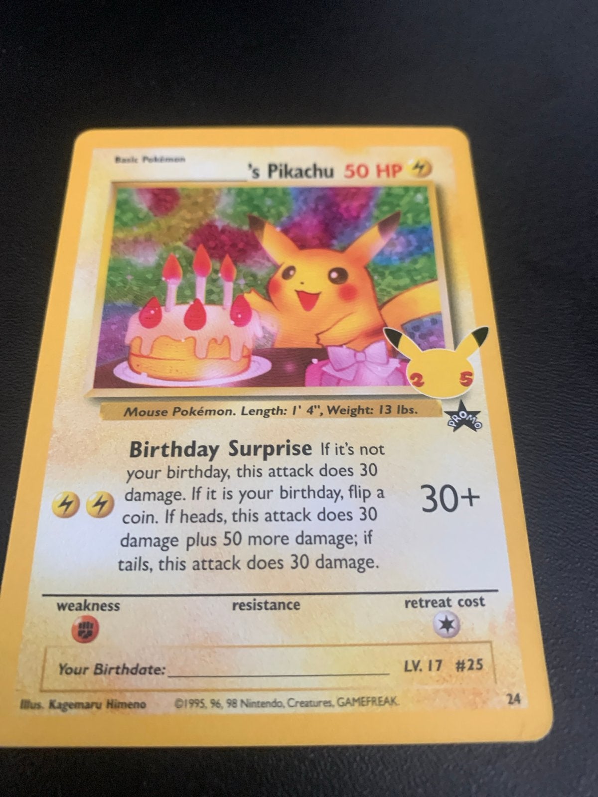 Pikachu Birthday Surprise Pokémon kaart 25th Anniversary, Ophalen, Zo goed als nieuw, Losse kaart