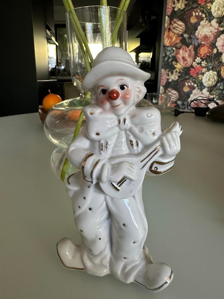 Vintage Porseleinen Clown met Muziekinstrument, Antiek en Kunst, Ophalen of Verzenden