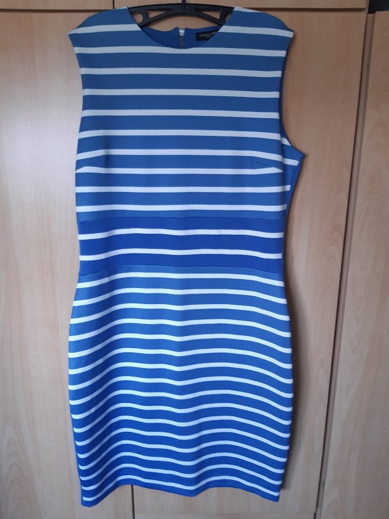 Mooie blauw/wit gestreepte zomerjurk van Cavallaro. Maat XL, Kleding | Dames, Blauw, Ophalen of Verzenden, Zo goed als nieuw, Knielengte