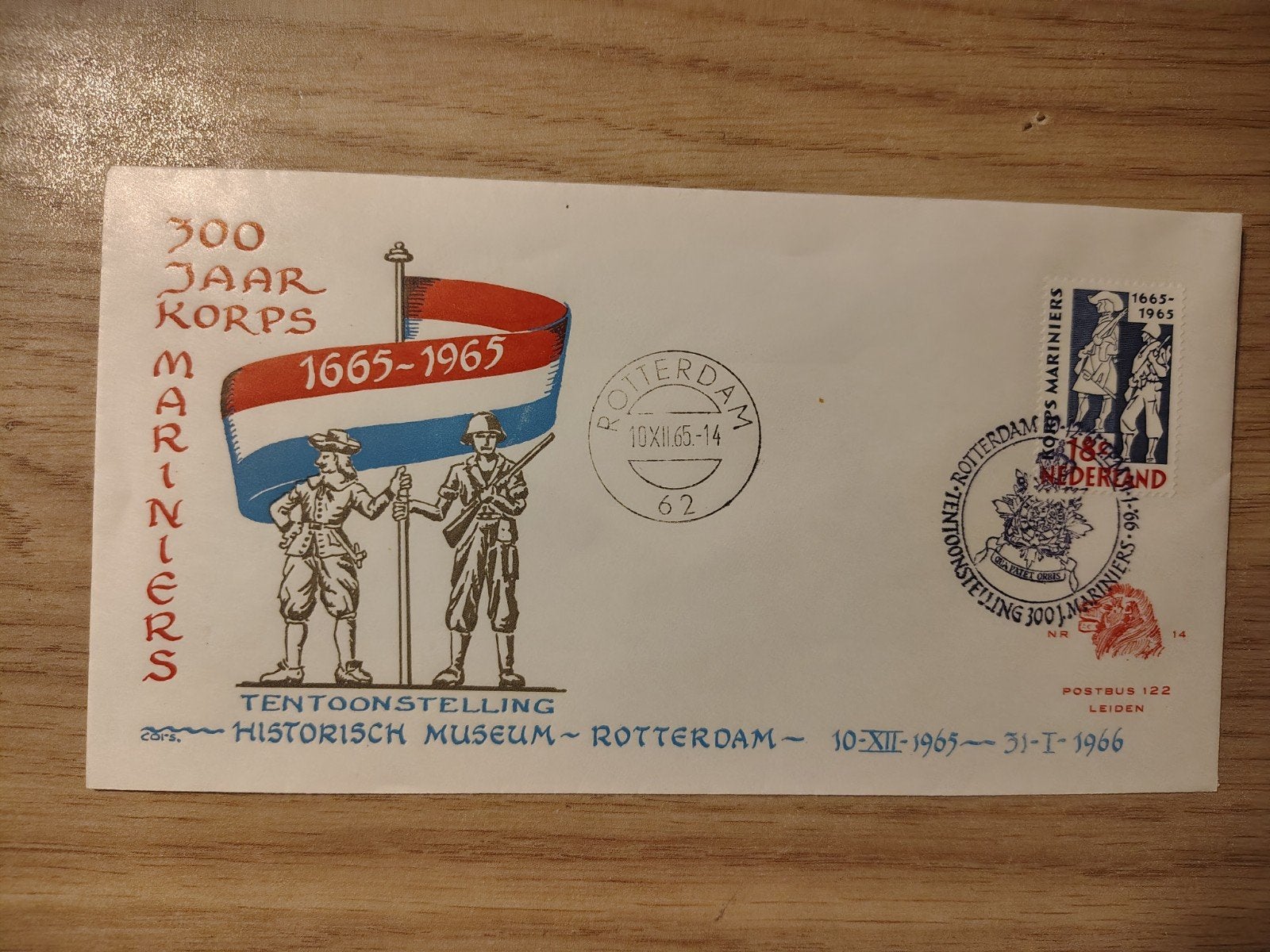 Nederland FDC 300 jaar Korps Mariniers 1965 Leiden, Ophalen of Verzenden, Landmacht, Nederland, Embleem of Badge