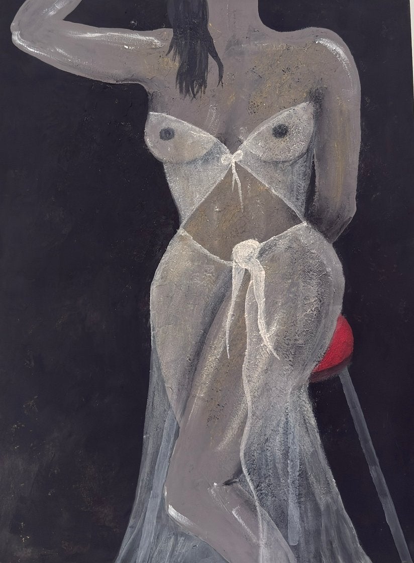 Handgemaakt Schilderij 80x60 cm - vrouw half-naakt, Handgeschilderd, Ophalen of Verzenden, Textiel, Figuren