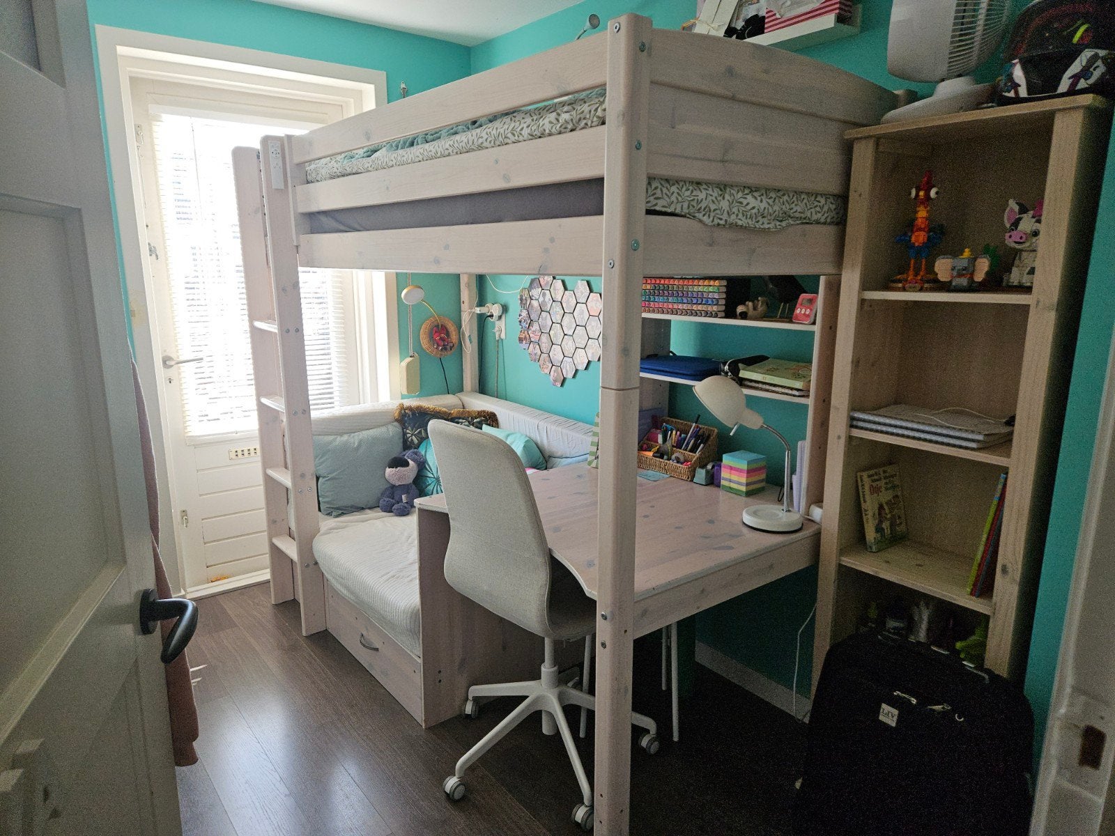 Stevige hoogslaper met bureau en slaapbank - White wash,, Ophalen, Gebruikt, Eenpersoons, 210 cm