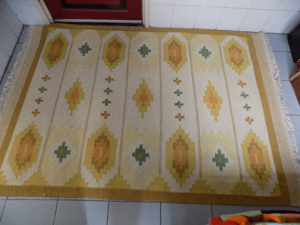 Vloerkleed vintage geel beige groen geometrische motieven, Ophalen of Verzenden, Gebruikt