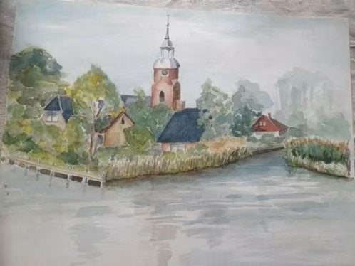 Aquarel Kerk Blokzijl Overijssel 1997 gesigneerd R., Ophalen