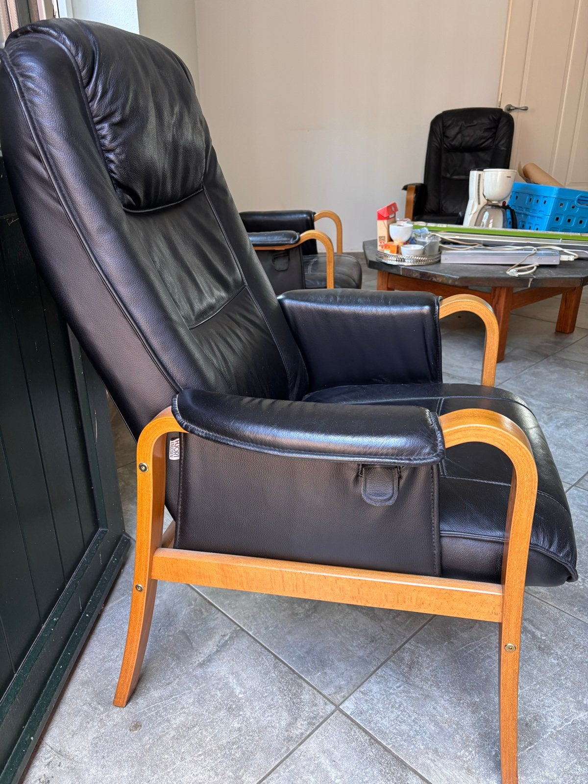 Hjort Knudsen Leren Relaxfauteuil - Zwart, Huis en Inrichting, Fauteuils, Gebruikt, Hout, 50 tot 75 cm, 75 tot 100 cm, Ophalen