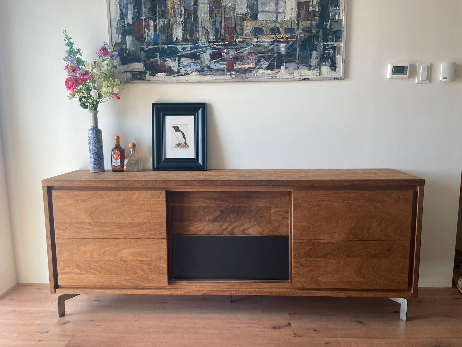 Houten dressoir / tv-meubel – 215 cm breed, Ophalen, Gebruikt, Met deur(en), 200 cm of meer