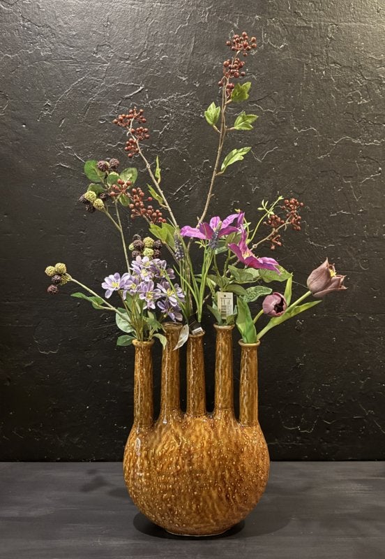 SALE!!! Vaas incl zijde bloemen lila paars platte vazen VdlM, Paars, Ophalen of Verzenden, Inclusief kunstbloemen, Bloemstuk