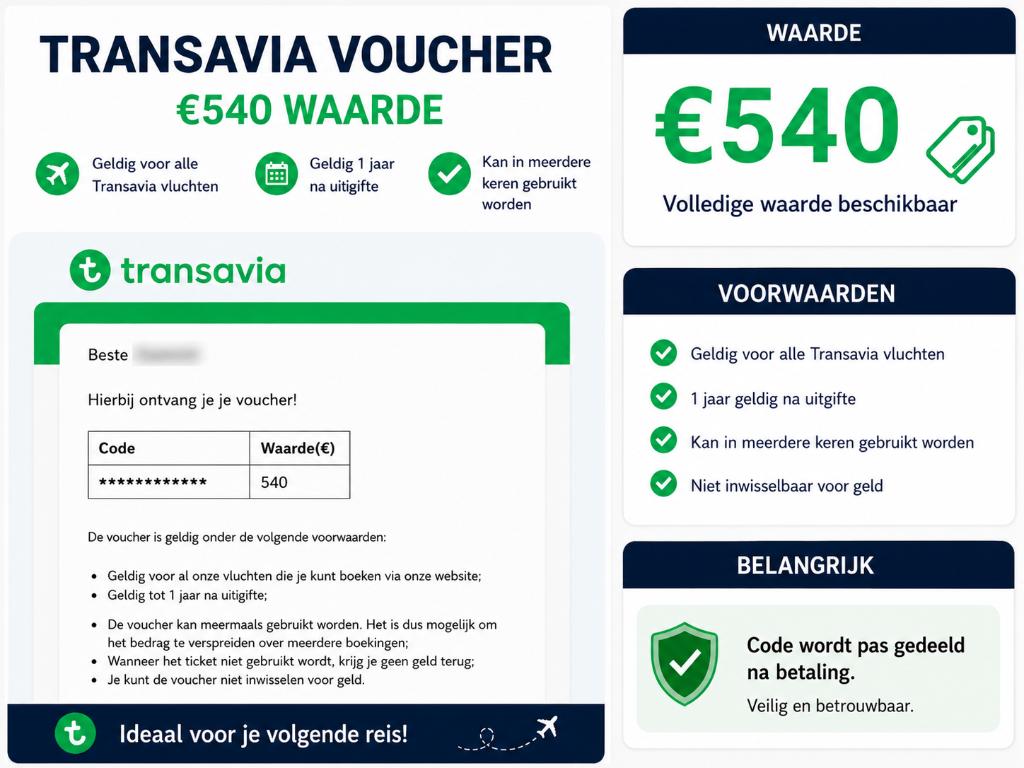 Transavia voucher €540 waarde (korting), Tickets en Kaartjes, Kortingen en Cadeaubonnen, Eén persoon, Cadeaubon, Overige typen