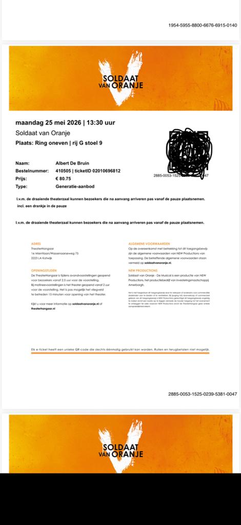 2 kaartjes naast elkaar Soldaat van Oranje 25/5 2e Pinkster, Tickets en Kaartjes, Twee personen, Mei