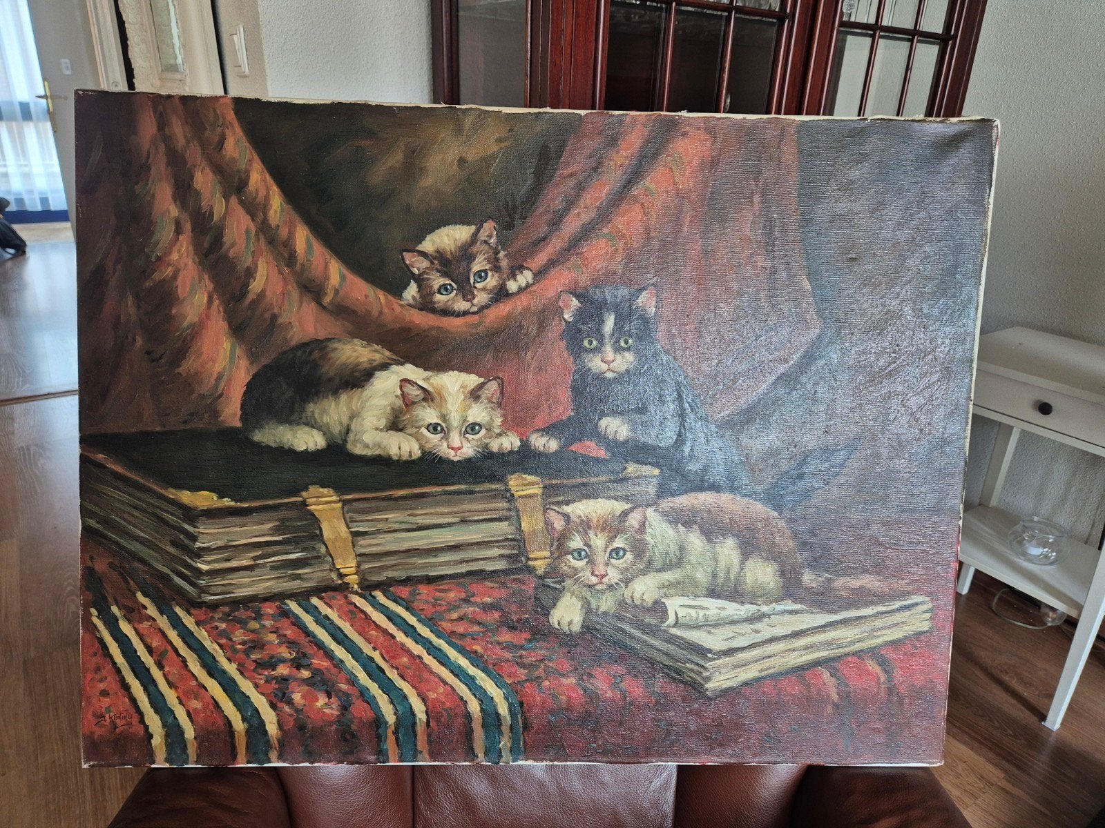 Schilderij met vier schattige kittens - gesigneerd, Doek, Realistisch, Dieren, Olieverf