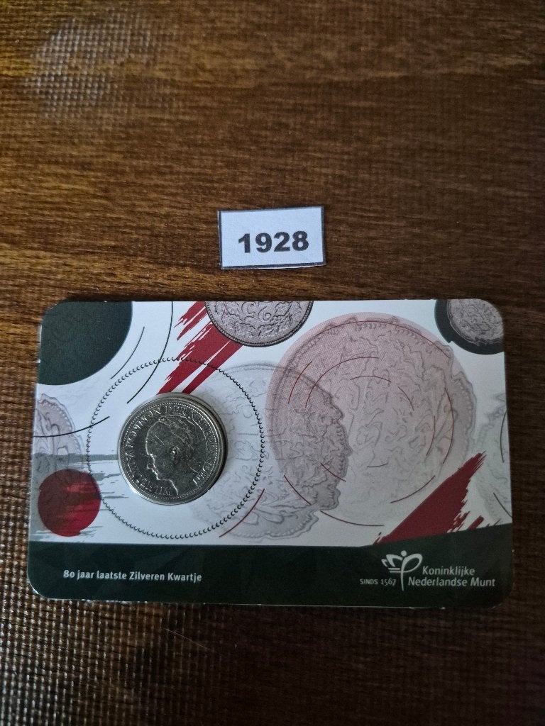 2023 Coincard Laatste zilveren kwartje 1928 (Circulatie)., Ophalen of Verzenden, Koningin Wilhelmina, 25 cent, Setje