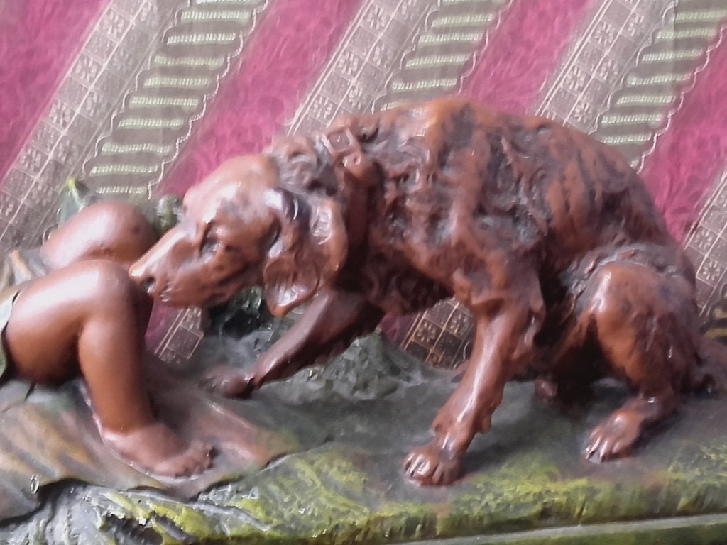 Kind en hond groot zwaar antiek beeld uit Frankrijk 58 cm., Antiek en Kunst, Ophalen