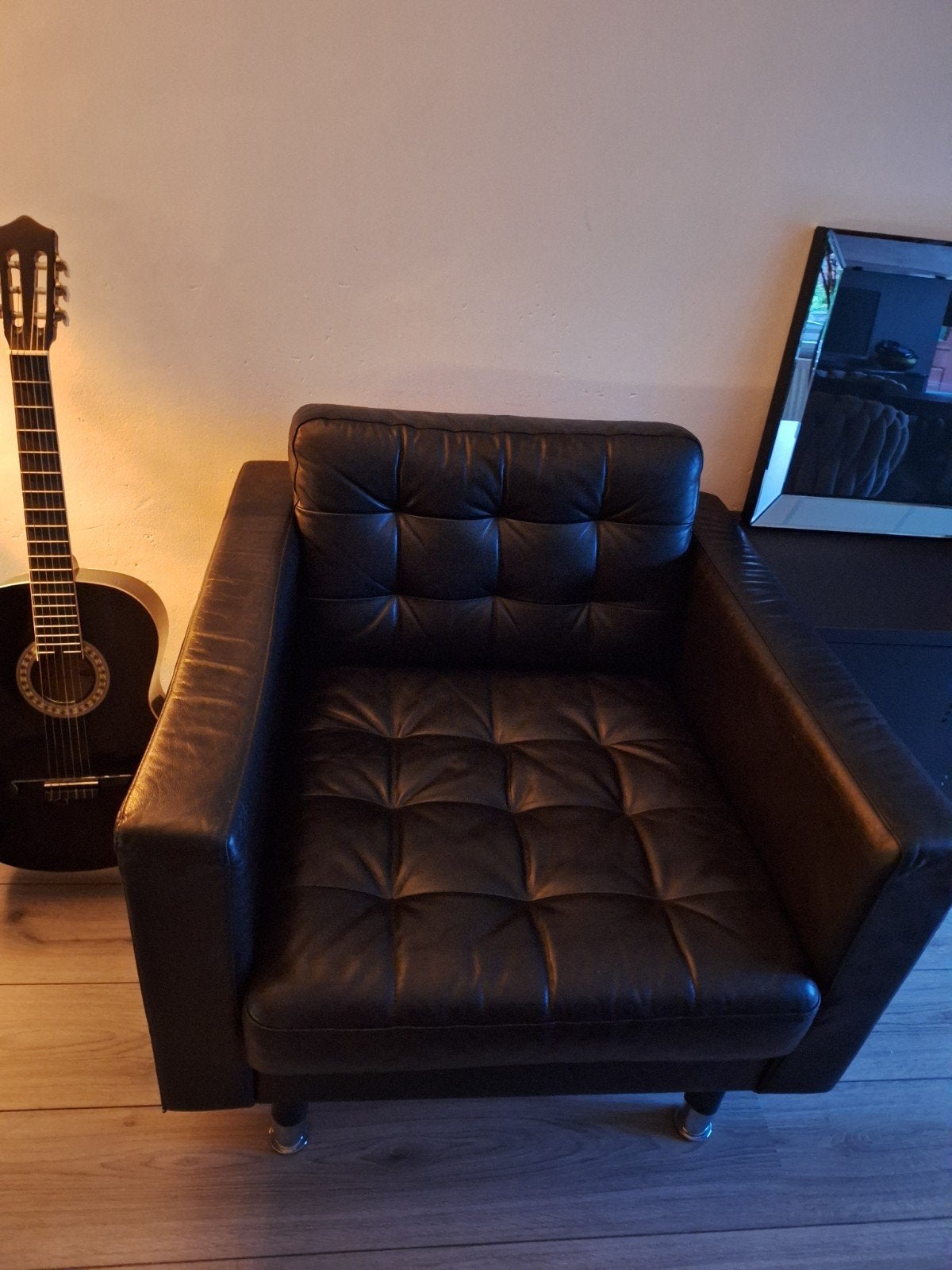 Zwarte leren stoel, Huis en Inrichting, Banken | Sofa's en Chaises Longues, Ophalen, 75 tot 100 cm, Eenpersoons, Minder dan 150 cm
