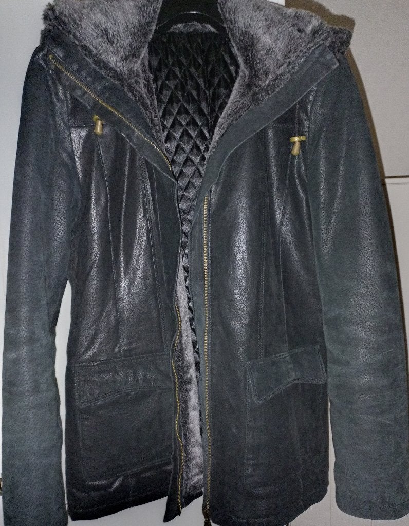 Zwarte echte leren suède gevoerde jas met ruime capuchon 40, Kleding | Dames, Ophalen of Verzenden, Zo goed als nieuw, Maat 38/40 (M)