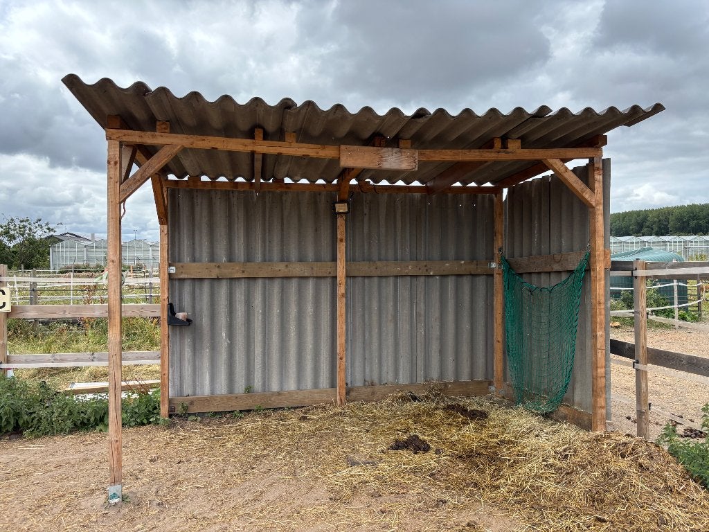 Schuilplek afdak schuur houten palen vezel cement dakplaten, Doe-het-zelf en Verbouw, Hout en Planken, Ophalen, Gebruikt, 200 tot 250 cm