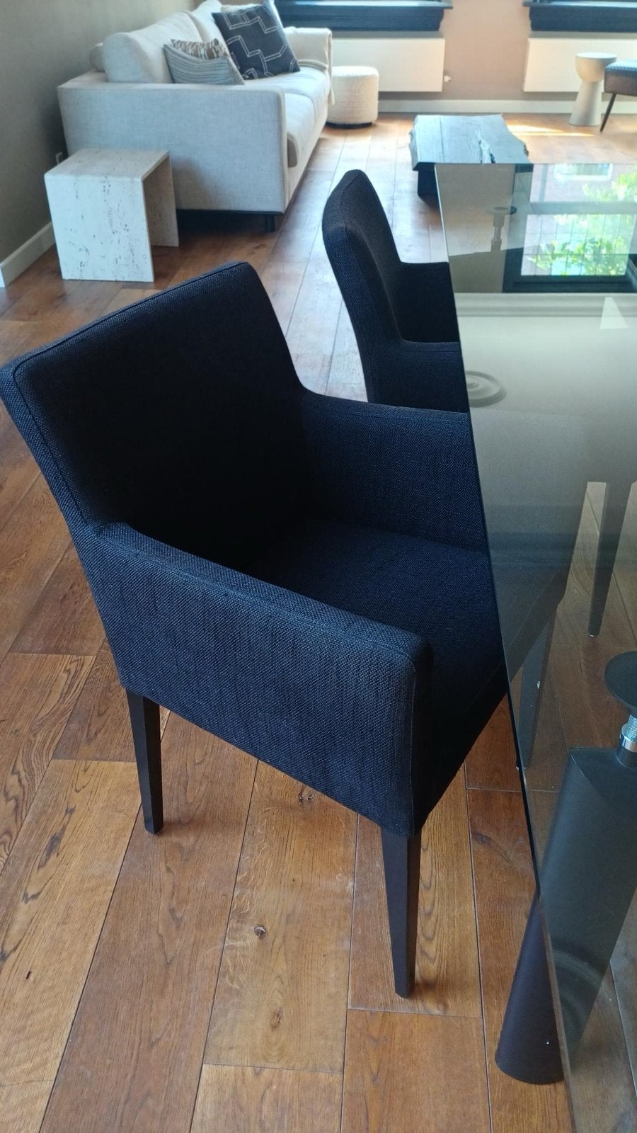 Set van 4 Eetkamerfauteuils, zwarte stof, Huis en Inrichting, Stoelen, Ophalen, Gebruikt, Zwart, Vier