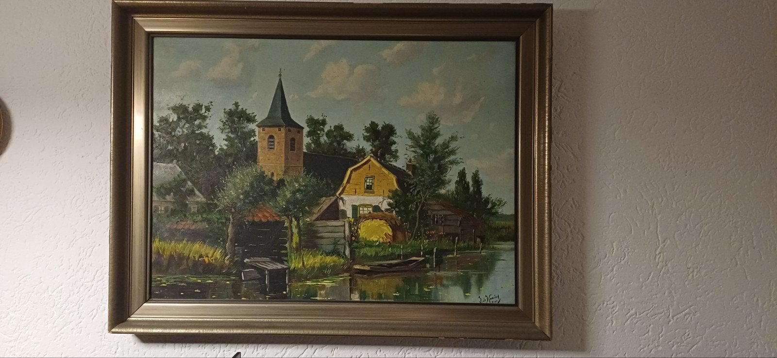 Olieverfschilderij Hollands Landschap met Kerk en Water, Antiek en Kunst, Ophalen, Doek, Klassiek, Stads- / dorpsgezicht