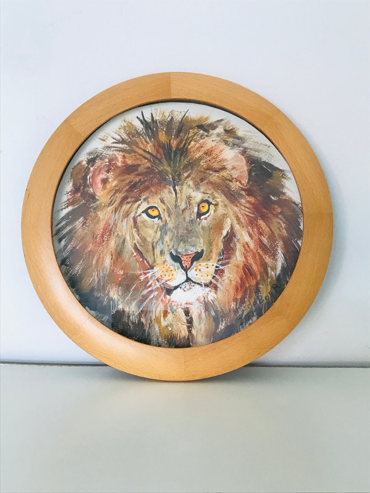 Acryl schilderij leeuw in ronde houten lijst, Acrylverf, Hout, Handgeschilderd, Ophalen of Verzenden