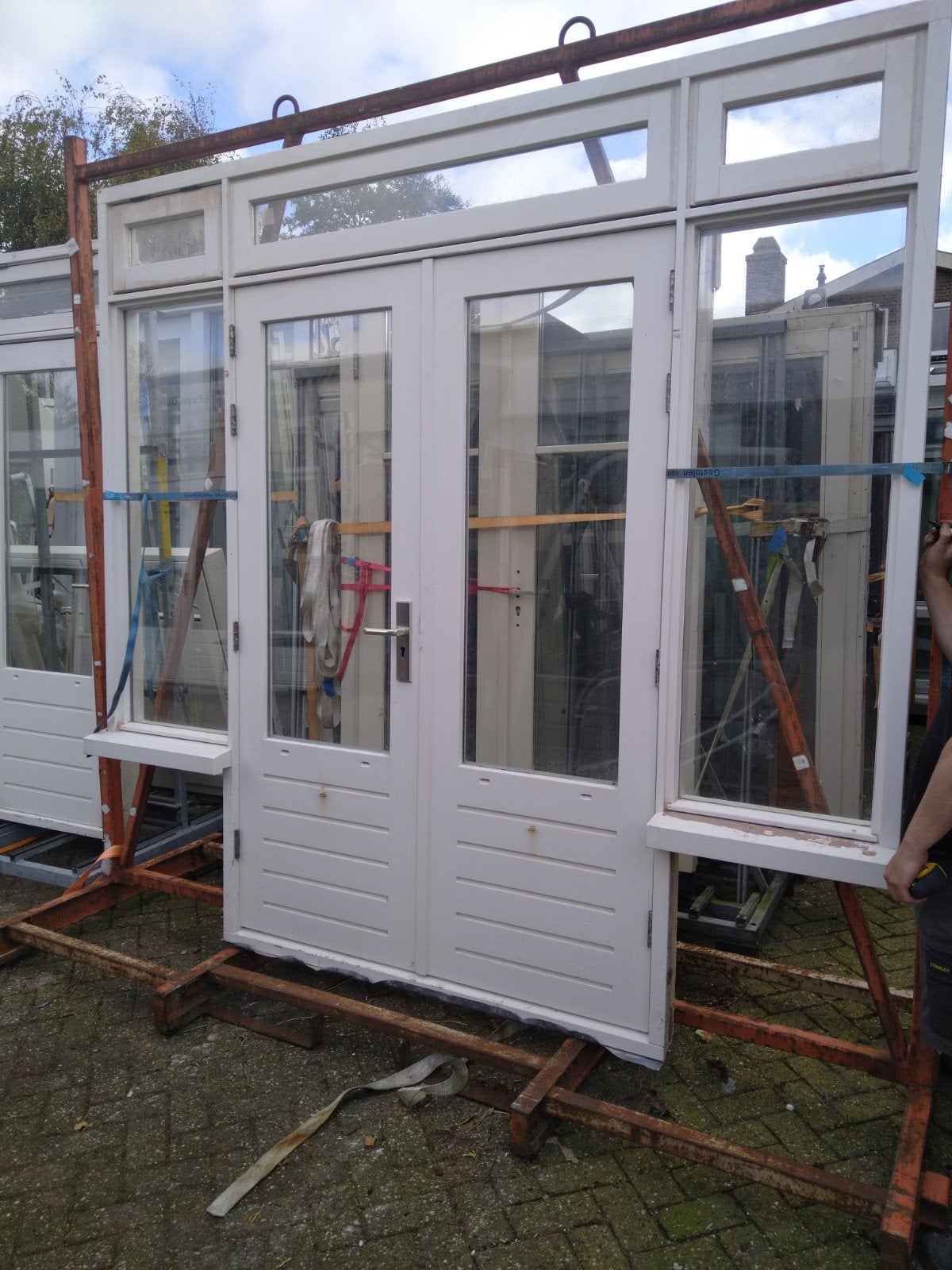 kozijn met dubbele tuindeuren en zijlichten melkmeisje, Ophalen of Verzenden, Glas, 120 cm of meer, 215 cm of meer