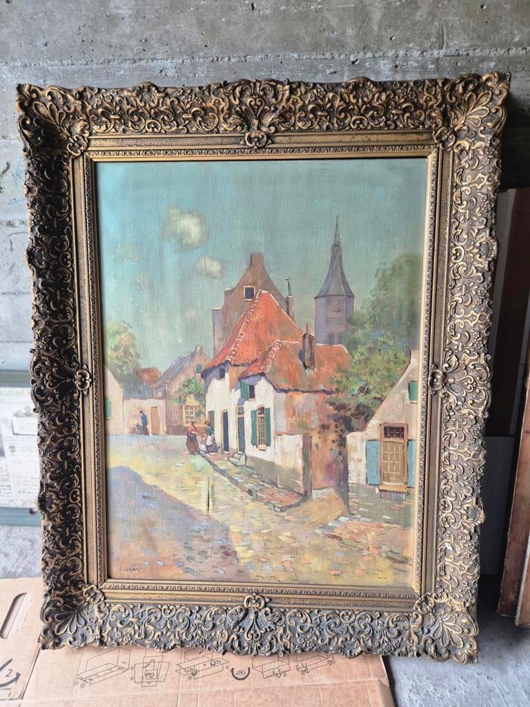 Oud olieverfschilderij – Dorpsgezicht Hattem- Sierlijst, Antiek en Kunst, Ophalen