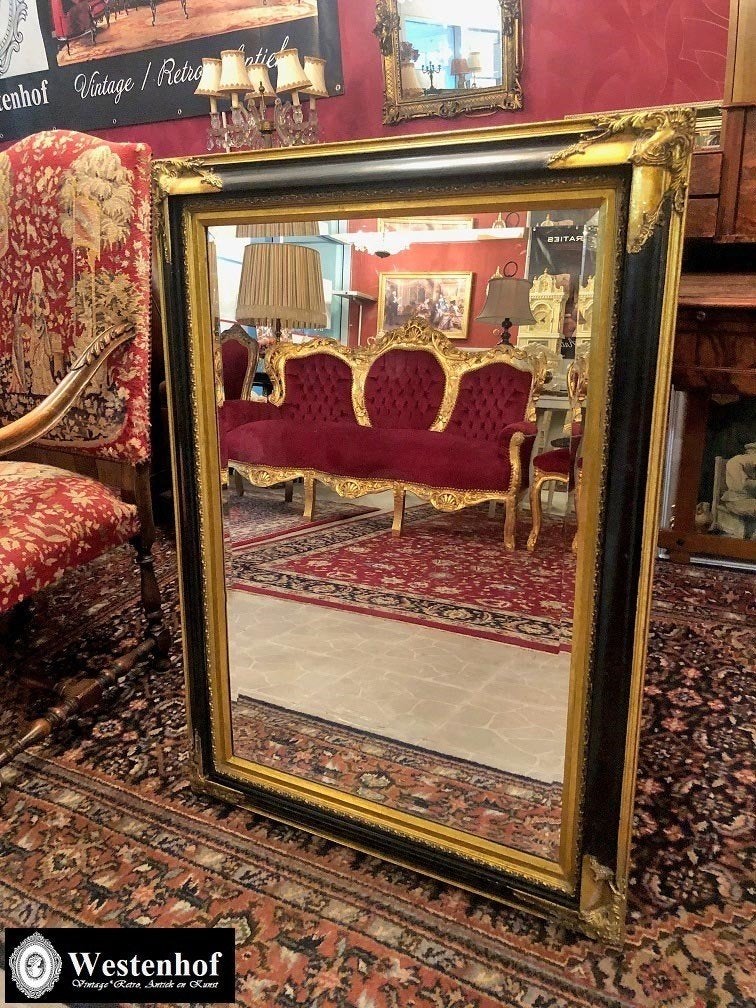 Groot spiegel klassiek / antieke barok goud, zwarte lijst, Ophalen, Rechthoekig