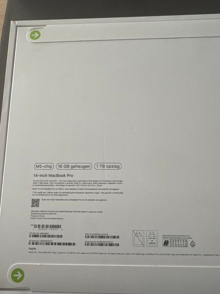 Apple MacBook Pro 14 inch M5-chip 16GB/1TB, Computers en Software, Apple Macbooks, MacBook Pro, 1 TB of meer, Qwerty, Overige groottes