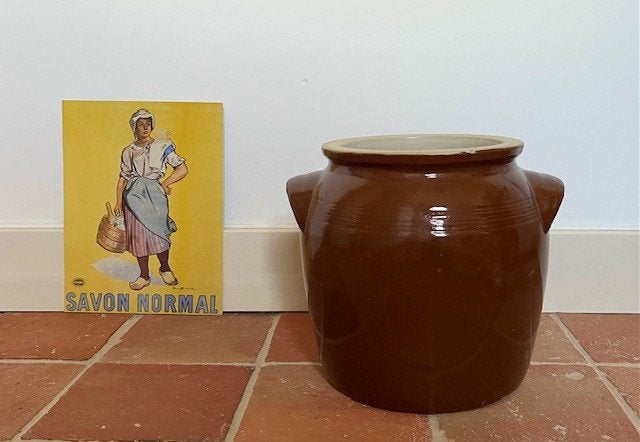 Grote bruine grès olijven pot met grepen, Ophalen of Verzenden