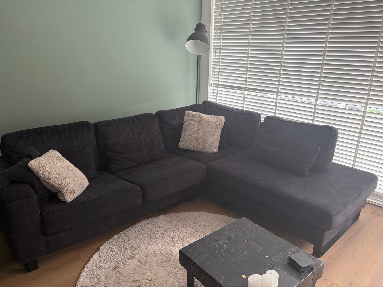 Hoekbank, fauteuil, 3 eetkamerstoelen & eetkamerbank antraci, Ophalen, Gebruikt, 100 tot 125 cm, Hoekbank