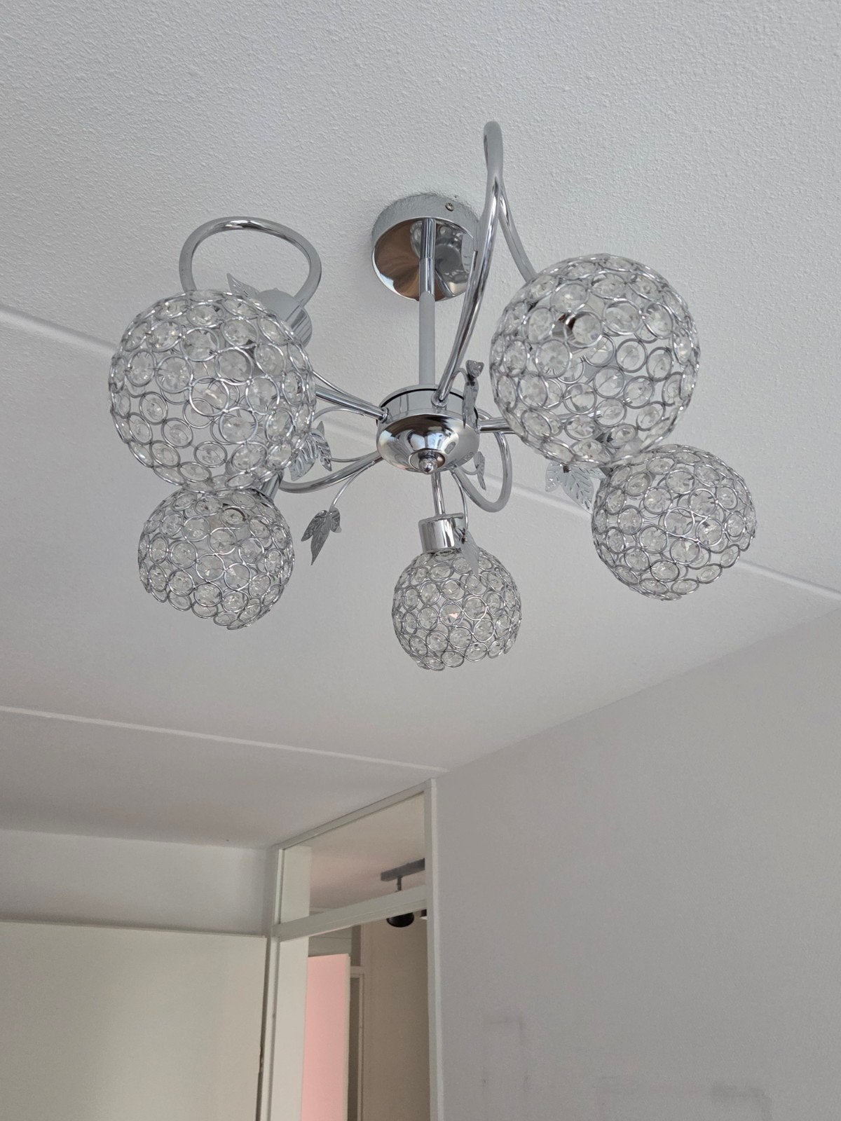 Moderne Kroonluchter met Kristallen Bollen, Ophalen, E14 (klein), Zo goed als nieuw, Glas