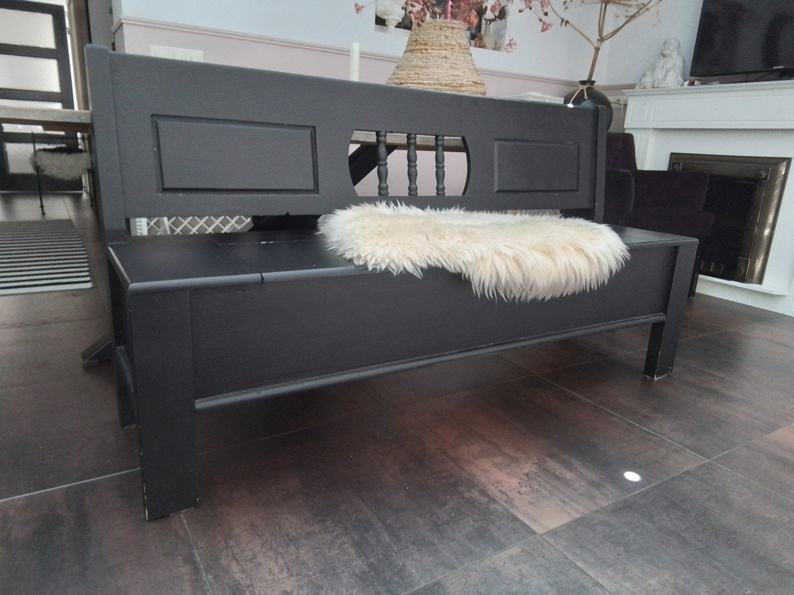Zwarte houten bank met opbergruimte - 170 cm breed, Ophalen, Gebruikt, 150 tot 200 cm, Driepersoons