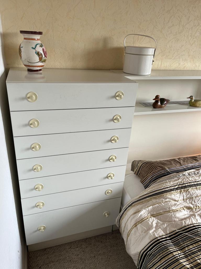 Interlübke vintage jaren 70 tweepersoonsbed met hoofdbord, Ophalen, Gebruikt, Wit, Tweepersoons