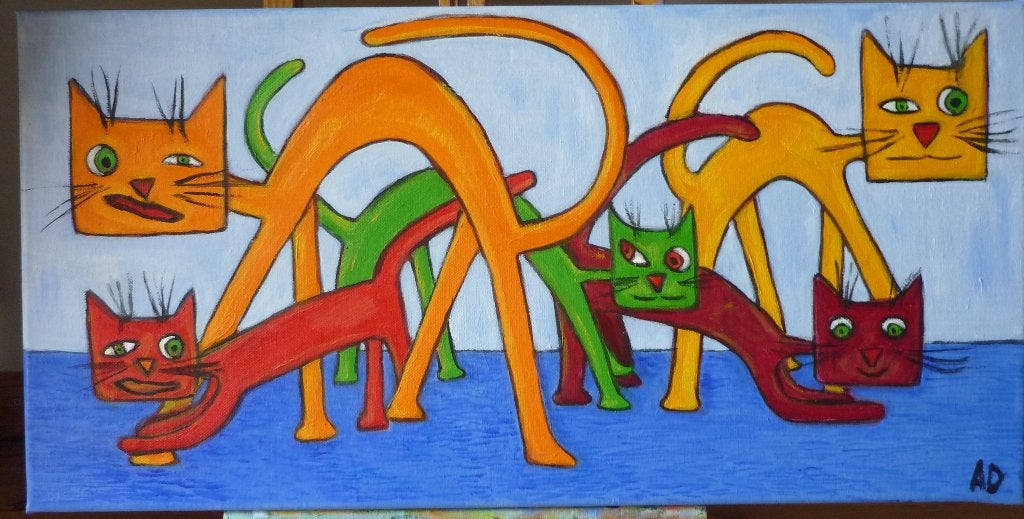 5 katten, Antiek en Kunst, Handgeschilderd, Ophalen of Verzenden, Dieren, Olieverf