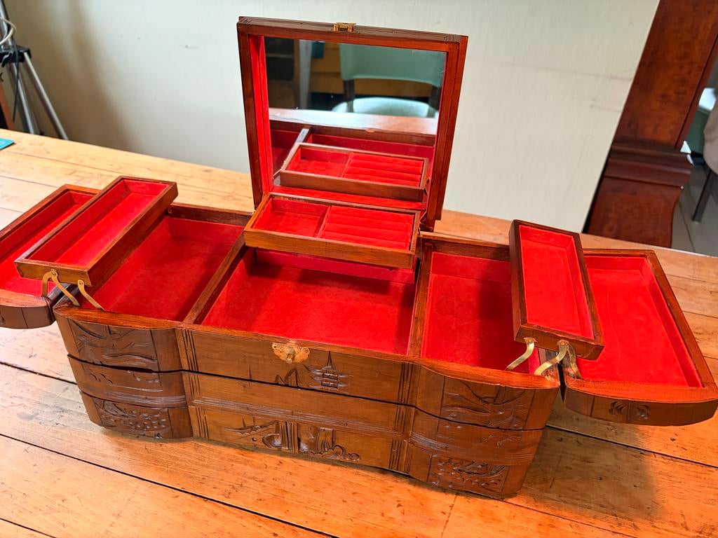Vintage Aziatische Houten Sieradendoos met Muziekdoos, Antiek en Kunst, Ophalen of Verzenden