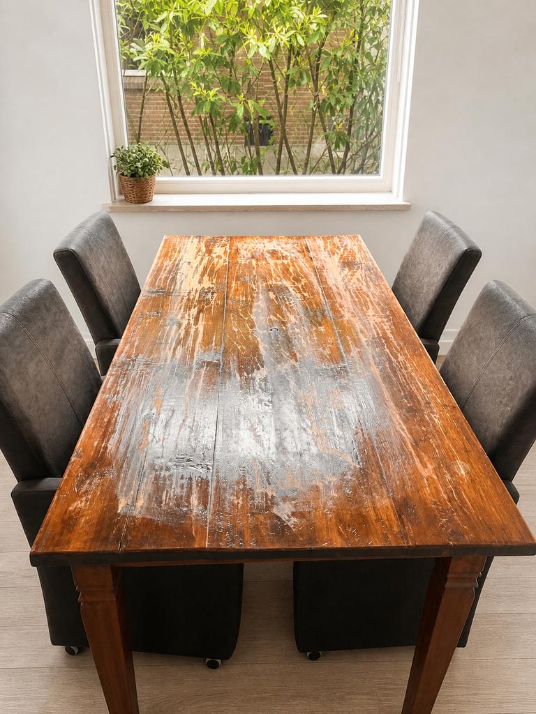 Eettafel met 4 suède stoelen - robuust en comfortabel, Huis en Inrichting, Tafels | Eettafels, Ophalen, Gebruikt, 50 tot 100 cm